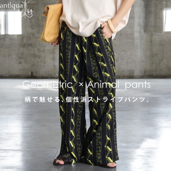 pa-03758 アニマル柄 ストライプ柄 幾何学柄 ロング ゆったり ワイド ワイドパンツ ストレート ストレートライン オリエンタル 総柄 落ち感 配色 タック 薄手 長ズボン ポケット付き