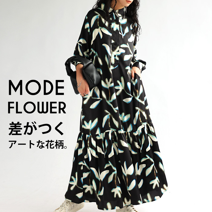 pk-01119 レギュラーカラー 柄 総柄 柄ワンピース 花柄 ギャザー 切り替え ティアードデザイン ティアード ポケット付き ゆったり サイズ展開 きれいめ 落ち感 体型カバー 大きめ