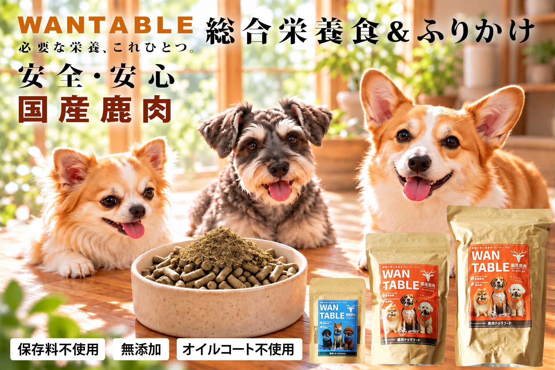 大切な家族である愛犬の健康を第一に考えて選び抜いた、「WANTABLE(ワンテーブル)」の国産鹿肉使用のドッグフードと国産鹿トライブを使用した犬用ふりかけ